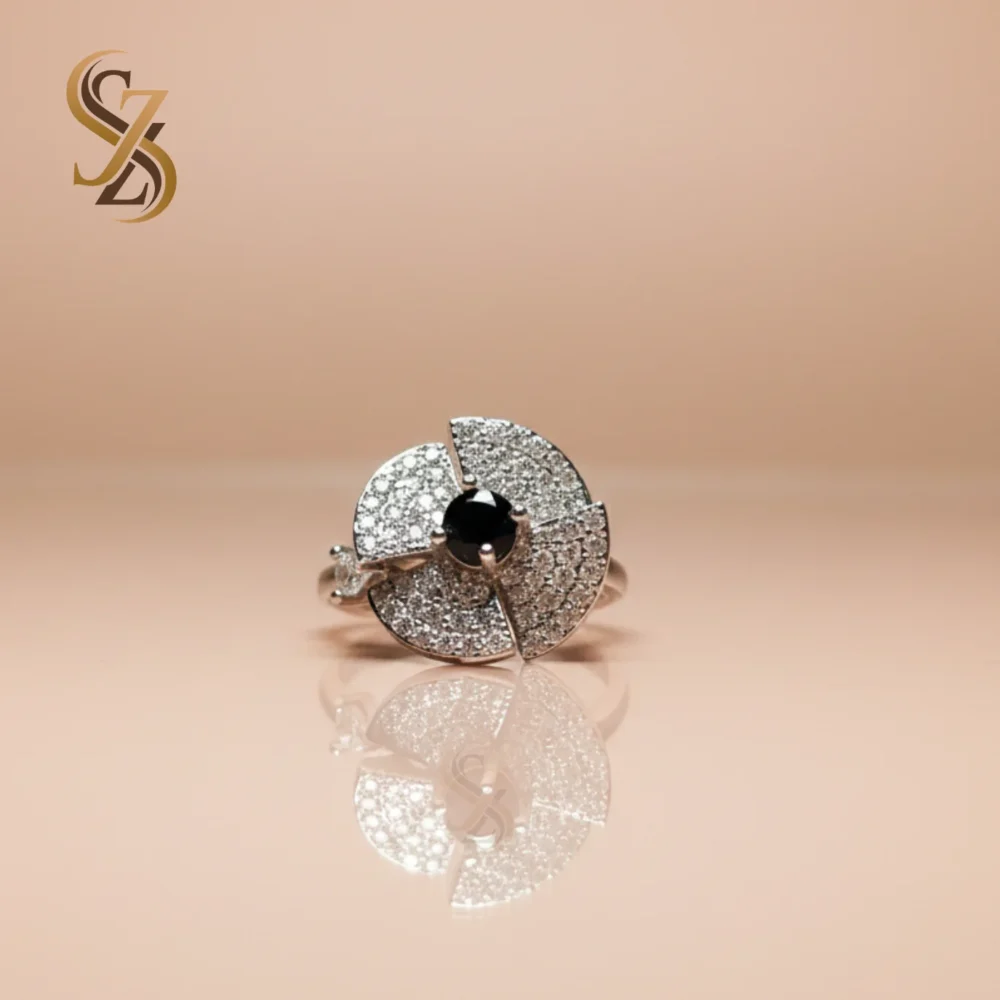 Black Stone Silver 360 Rotating flower-like Ring | With Ring Box