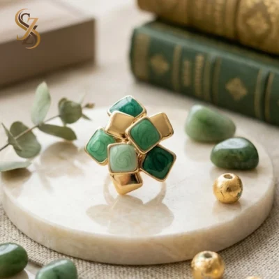 Party wear green gold-toned cluster ring | With Ring-Box | Adjustable Size