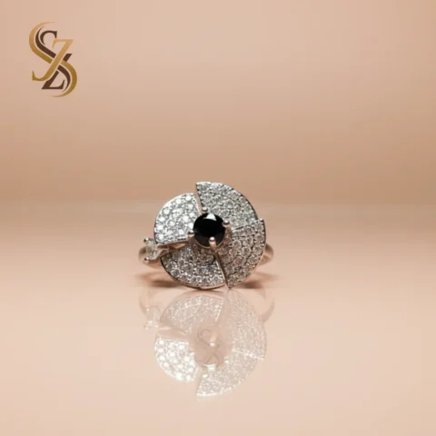 Black Stone Silver 360 Rotating flower-like Ring | With Ring Box