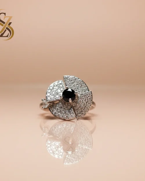 Black Stone Silver 360 Rotating flower-like Ring | With Ring Box