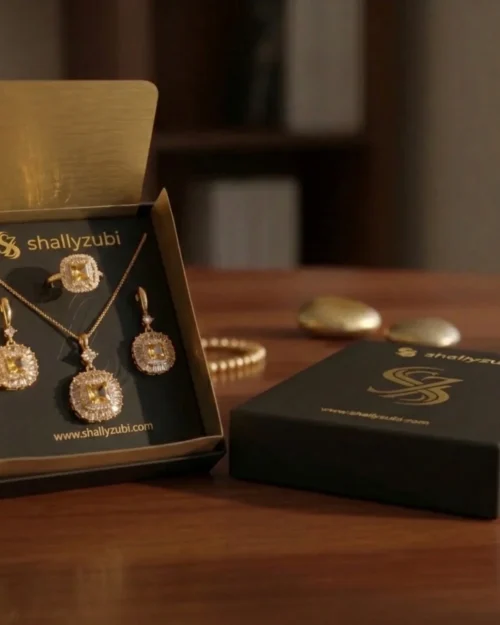 golden-plated golden stone cubic zirconia jewelry set With Jewelr-Box