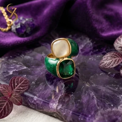 Party wear green and half white cushion-cut Ring | With Ring-Box | Adjustable Size