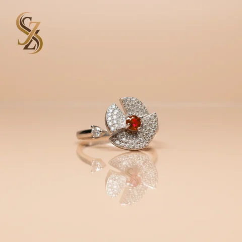Red Silver 360 Rotating flower-like Ring | With Ring Box