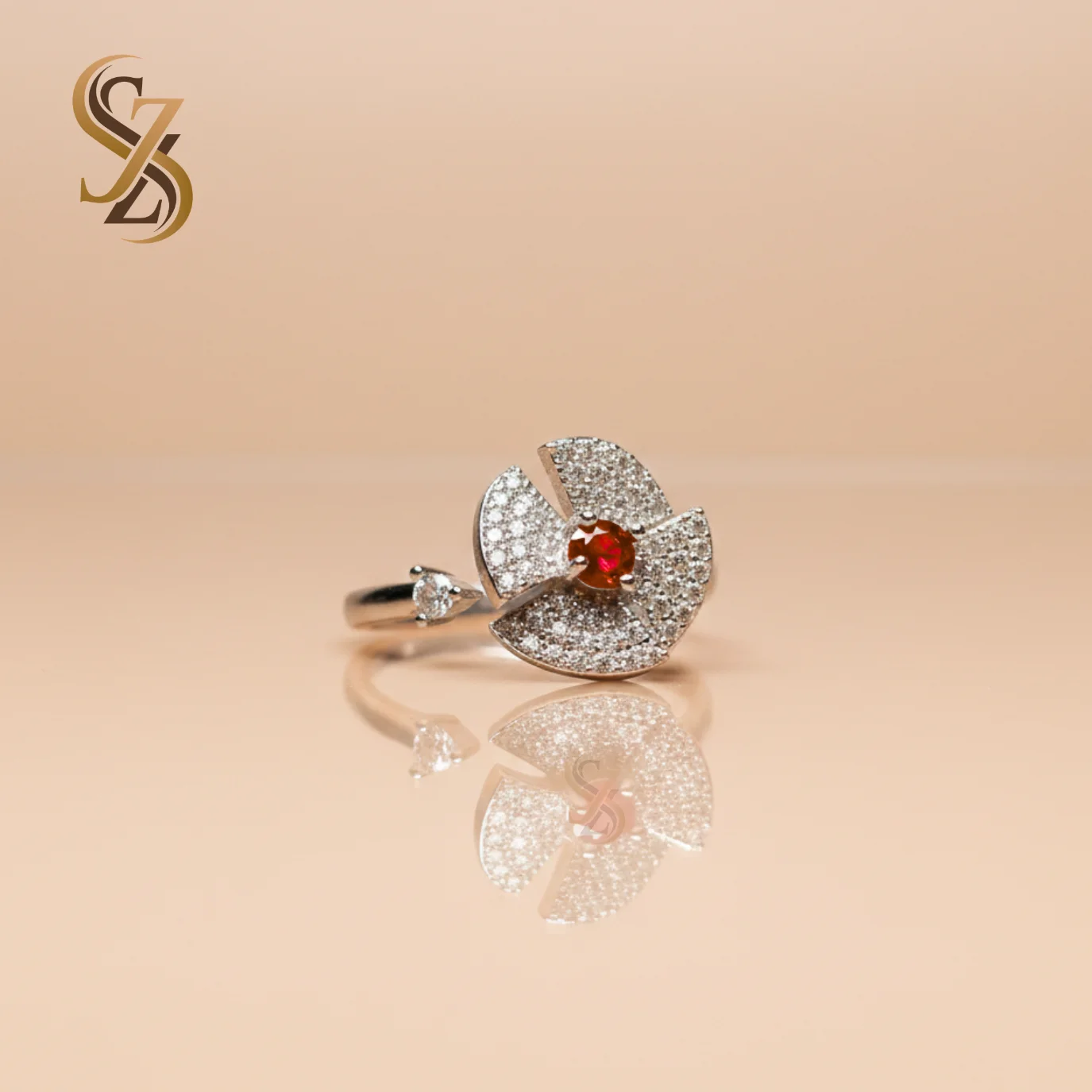 Red Silver 360 Rotating flower-like Ring | With Ring Box