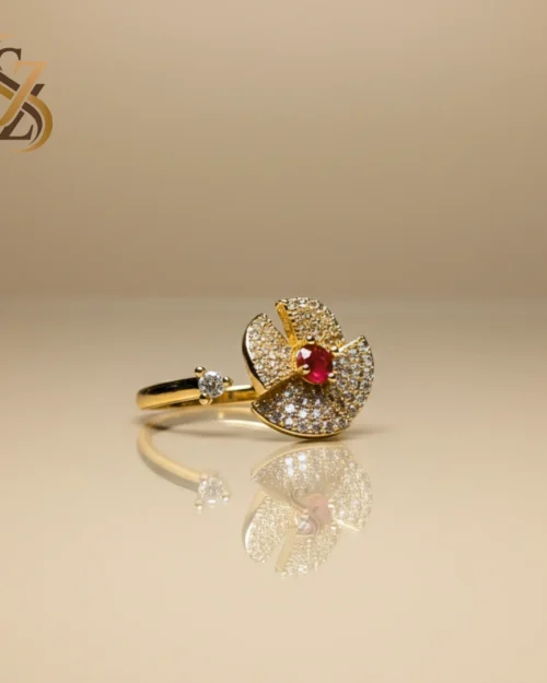 Red Stone Golden 360 Rotating flower-like Ring | With Ring Box
