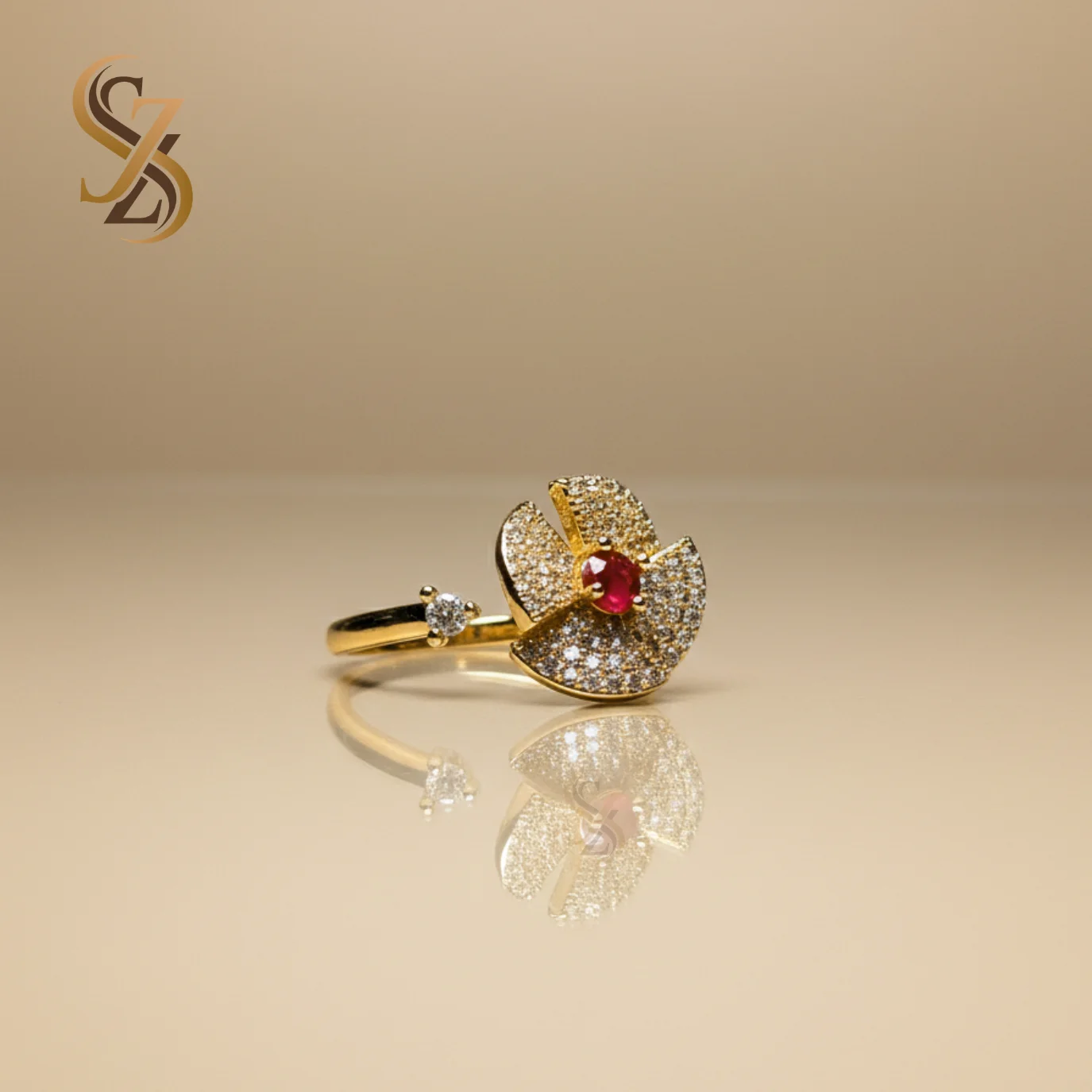 Red Stone Golden 360 Rotating flower-like Ring | With Ring Box
