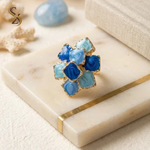Party wear Geometric Blue Floral Ring | With Ring-Box