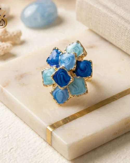 Party wear Geometric Blue Floral Ring | With Ring-Box