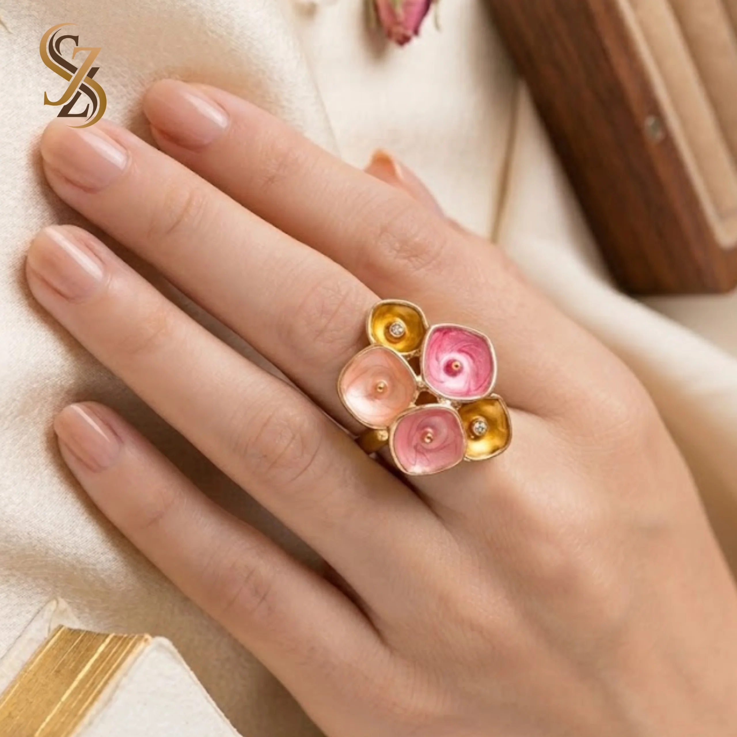 Wedding Ring Big Flower-enamel pink and golden petals Rings | With Ring-Box