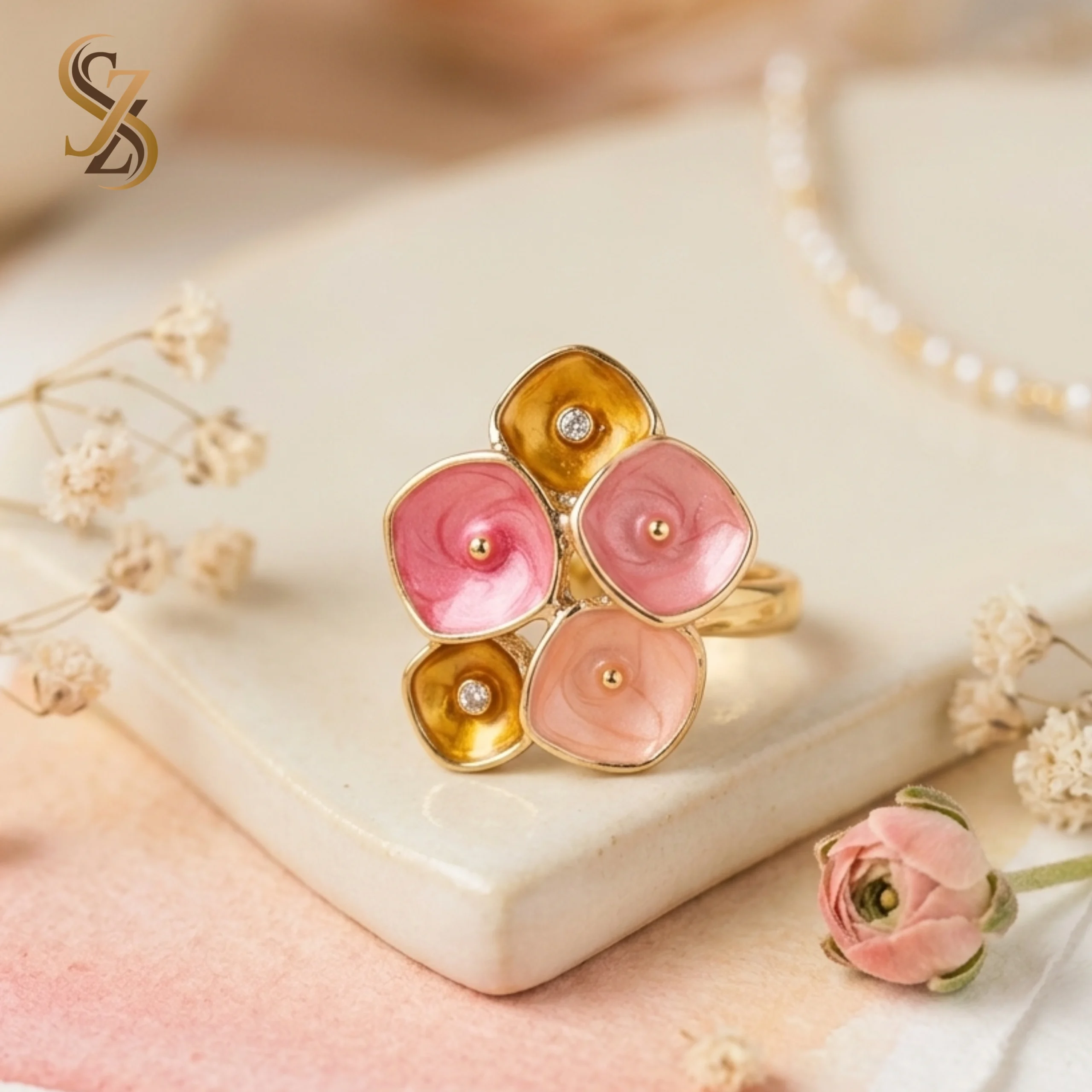 Wedding Ring Big Flower-enamel pink and golden petals Rings | With Ring-Box