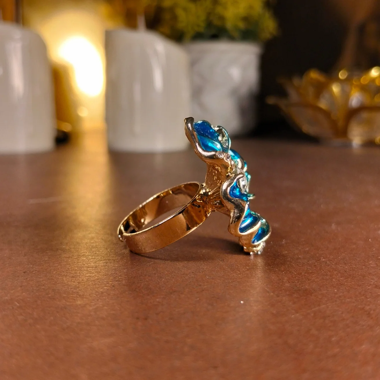 Teal flower-shaped Enamel statement ring - Image 3