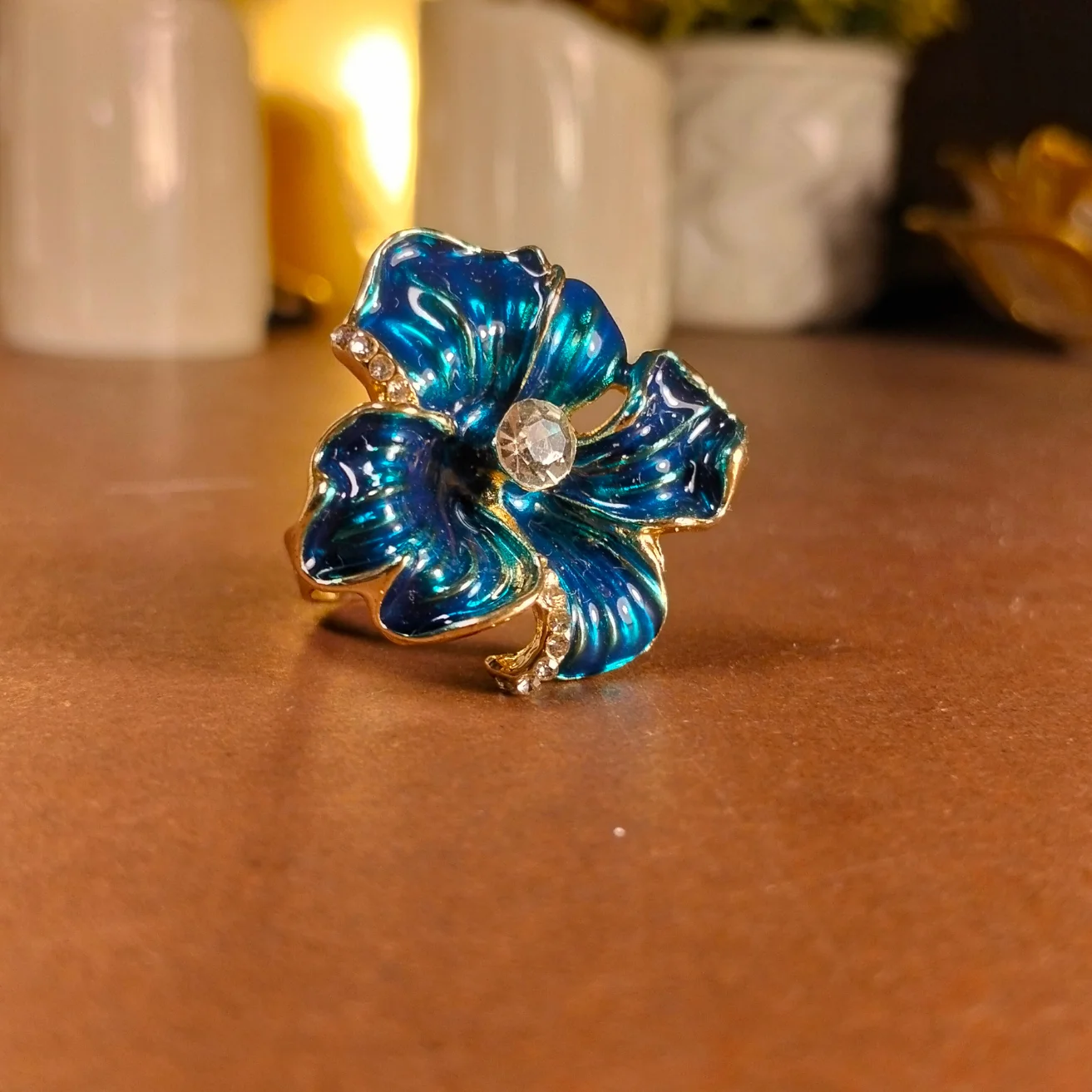 Teal flower-shaped Enamel statement ring - Image 2