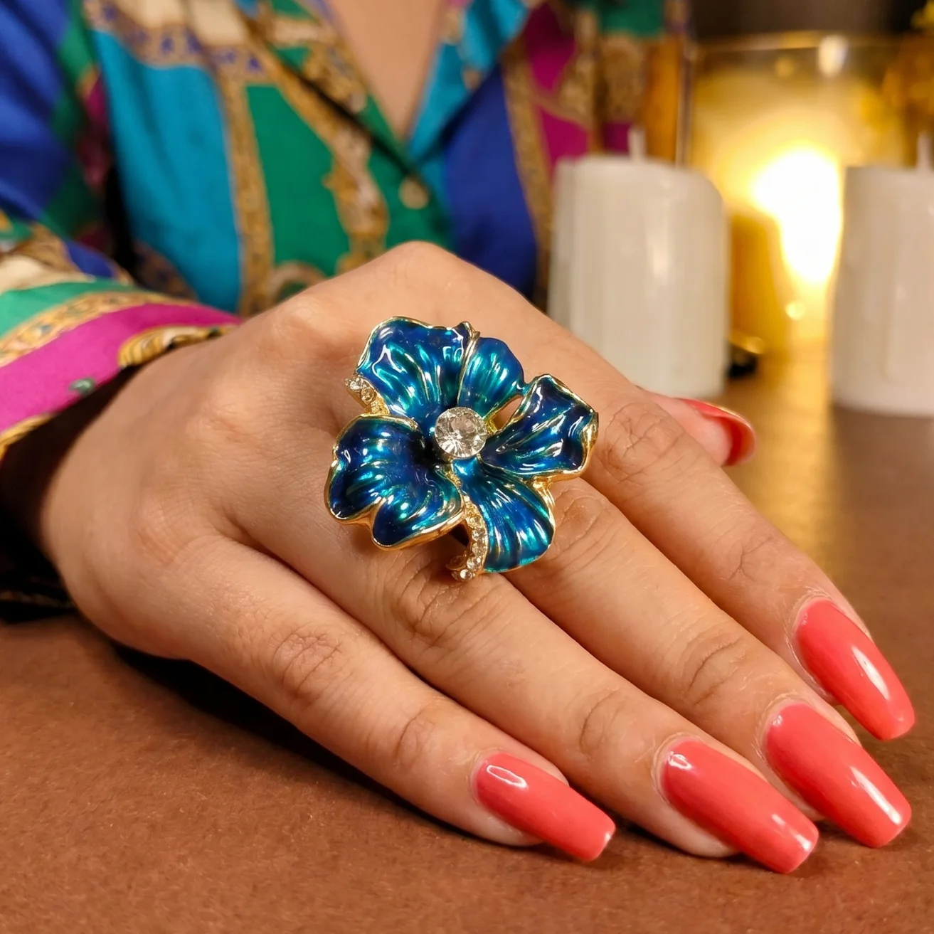 Teal flower-shaped Enamel statement ring