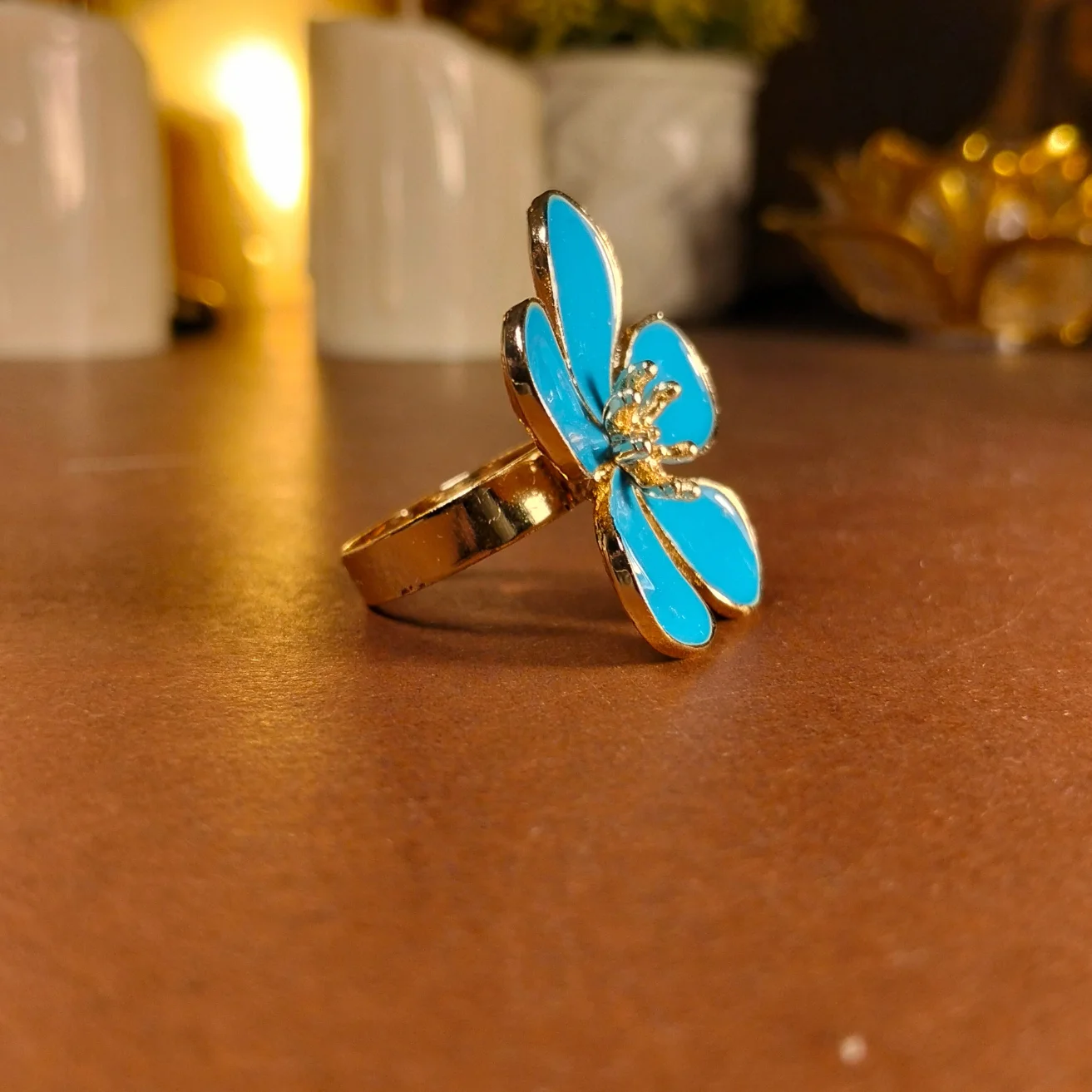 Blue Sakura Flower Enamel statement ring - Image 3