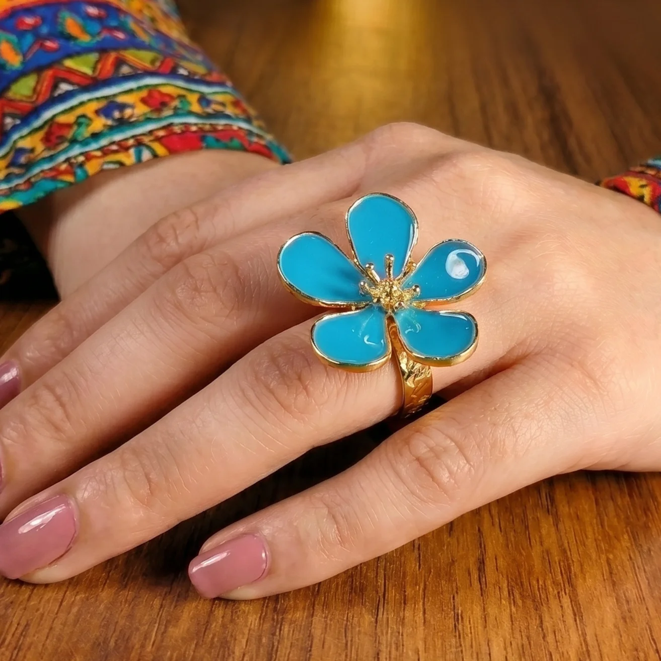 Blue Sakura Flower Enamel statement ring