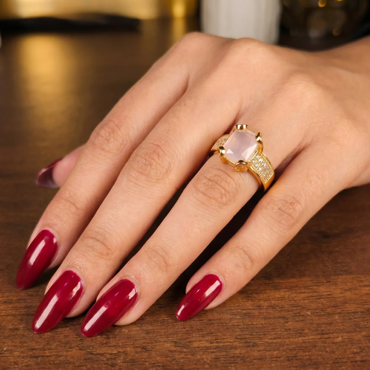 Pink rectangular stone golden ring