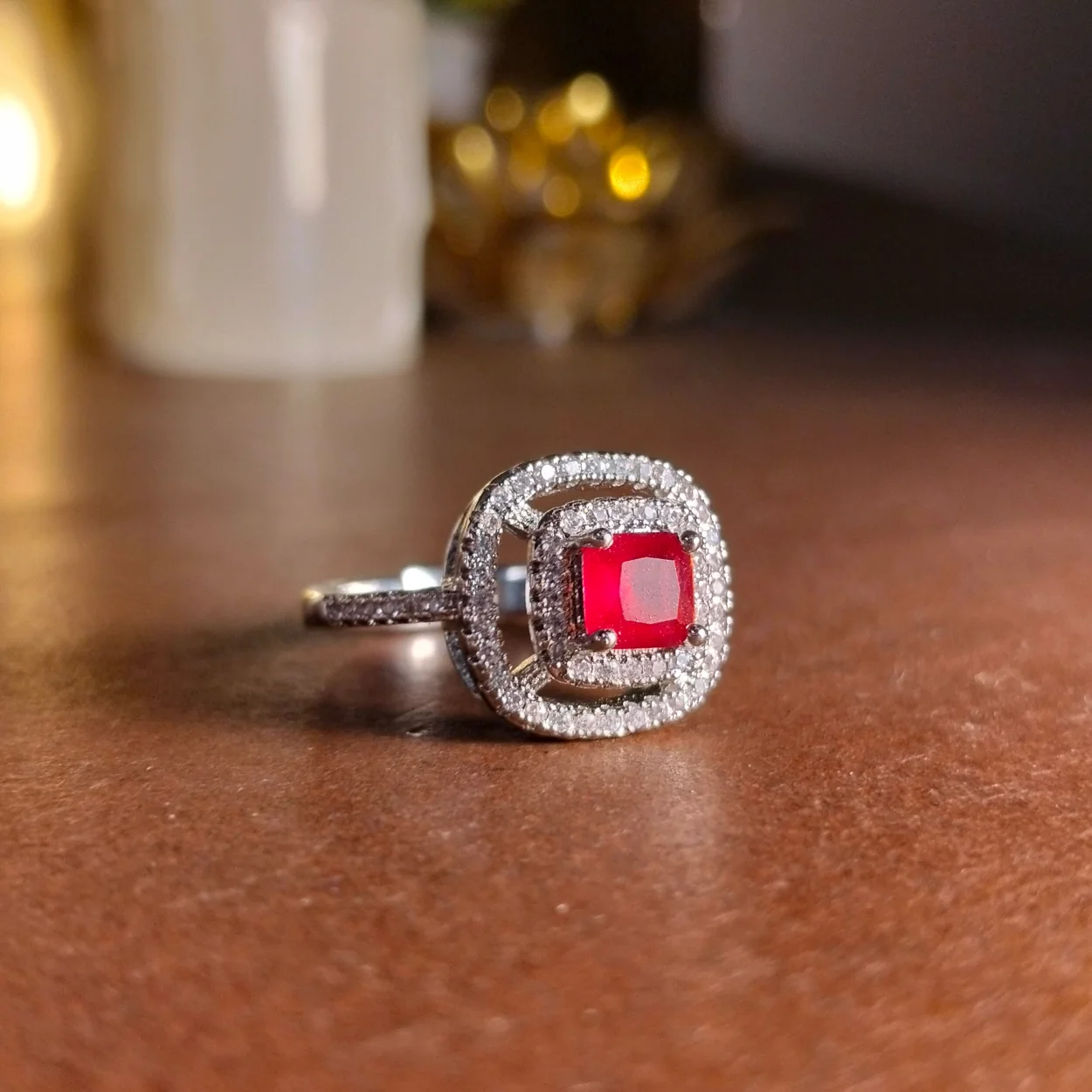 red sterling silver square-cut stone ring