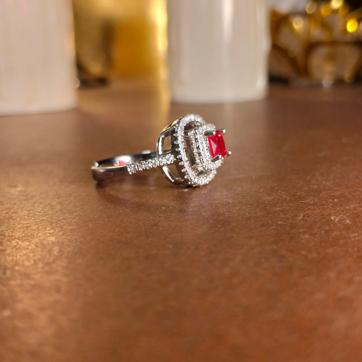 red sterling silver square-cut stone ring
