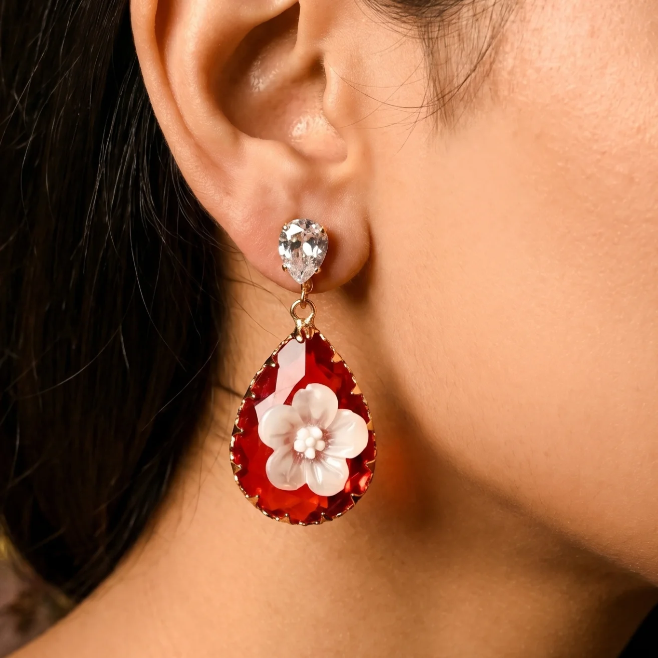 Red transparent drop earrings