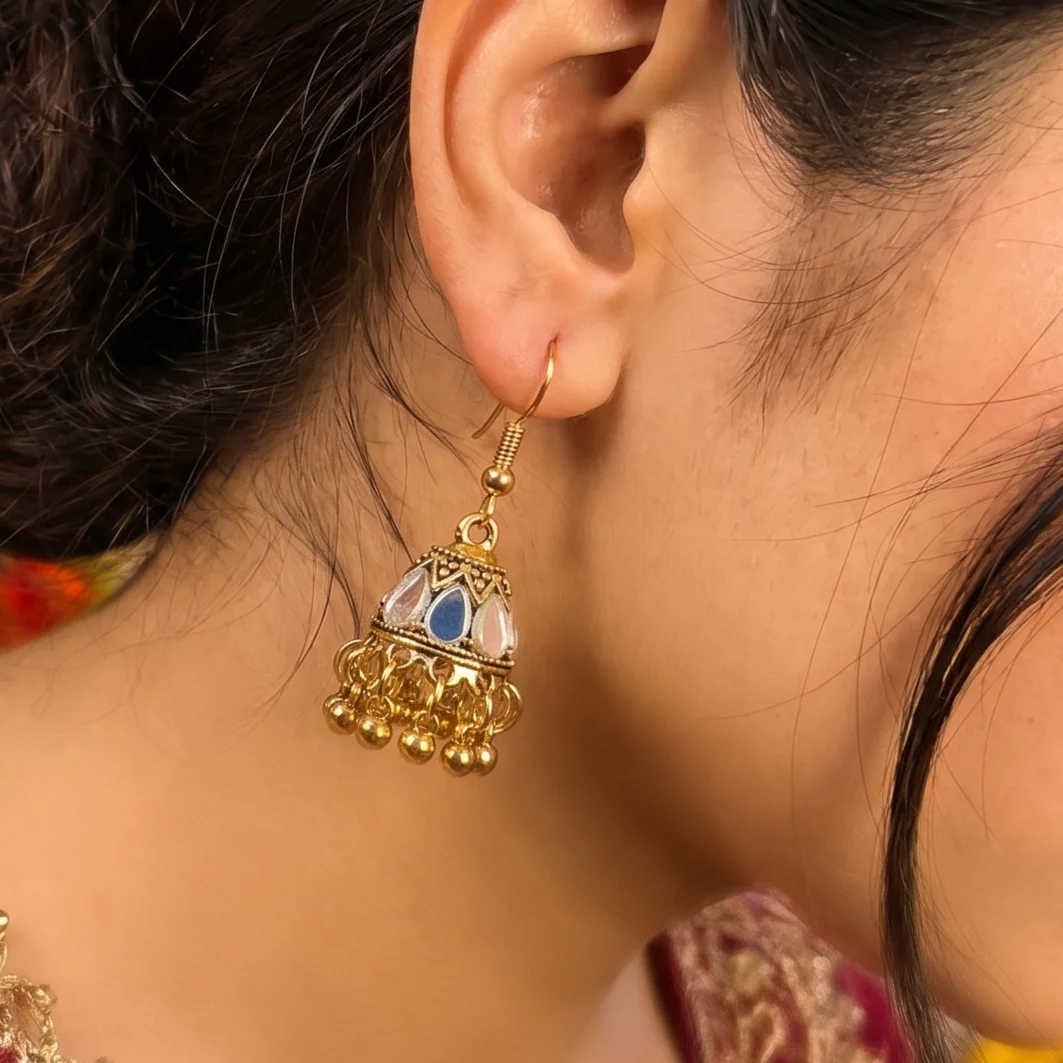 Golden kundan jhumki With inlay work