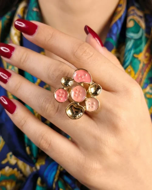 Golden and pink gold plated enamel flower ring