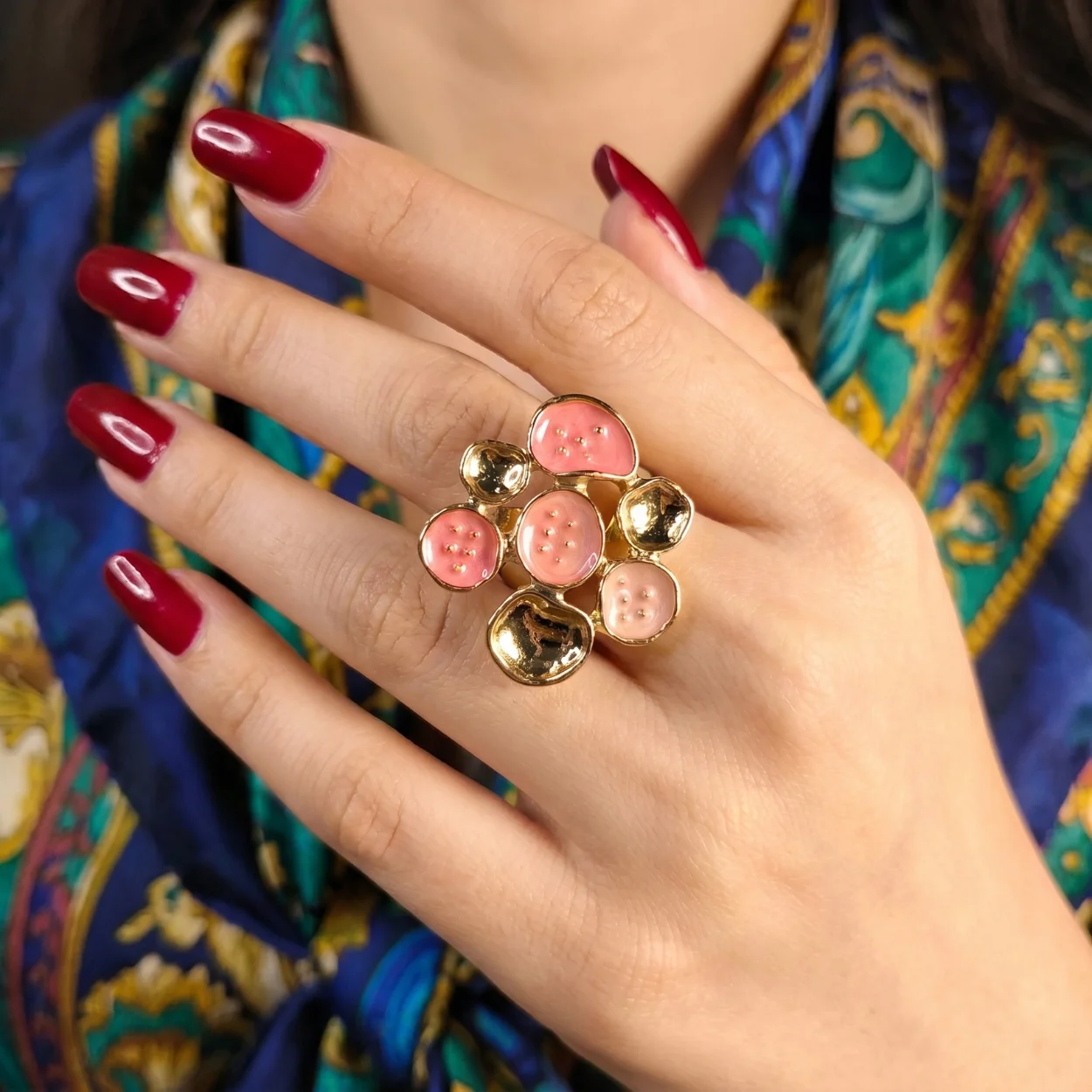 Golden and pink gold plated enamel flower ring