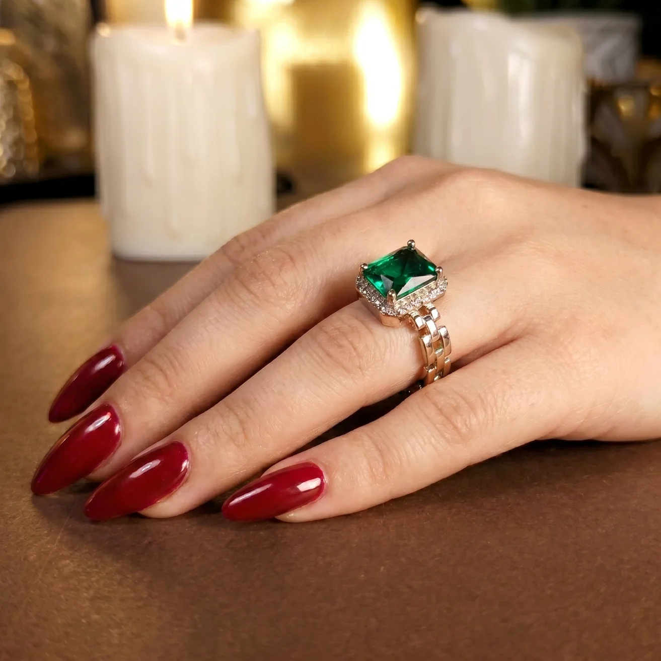 Green zircon rectangular emerald-cut gemstone Ring