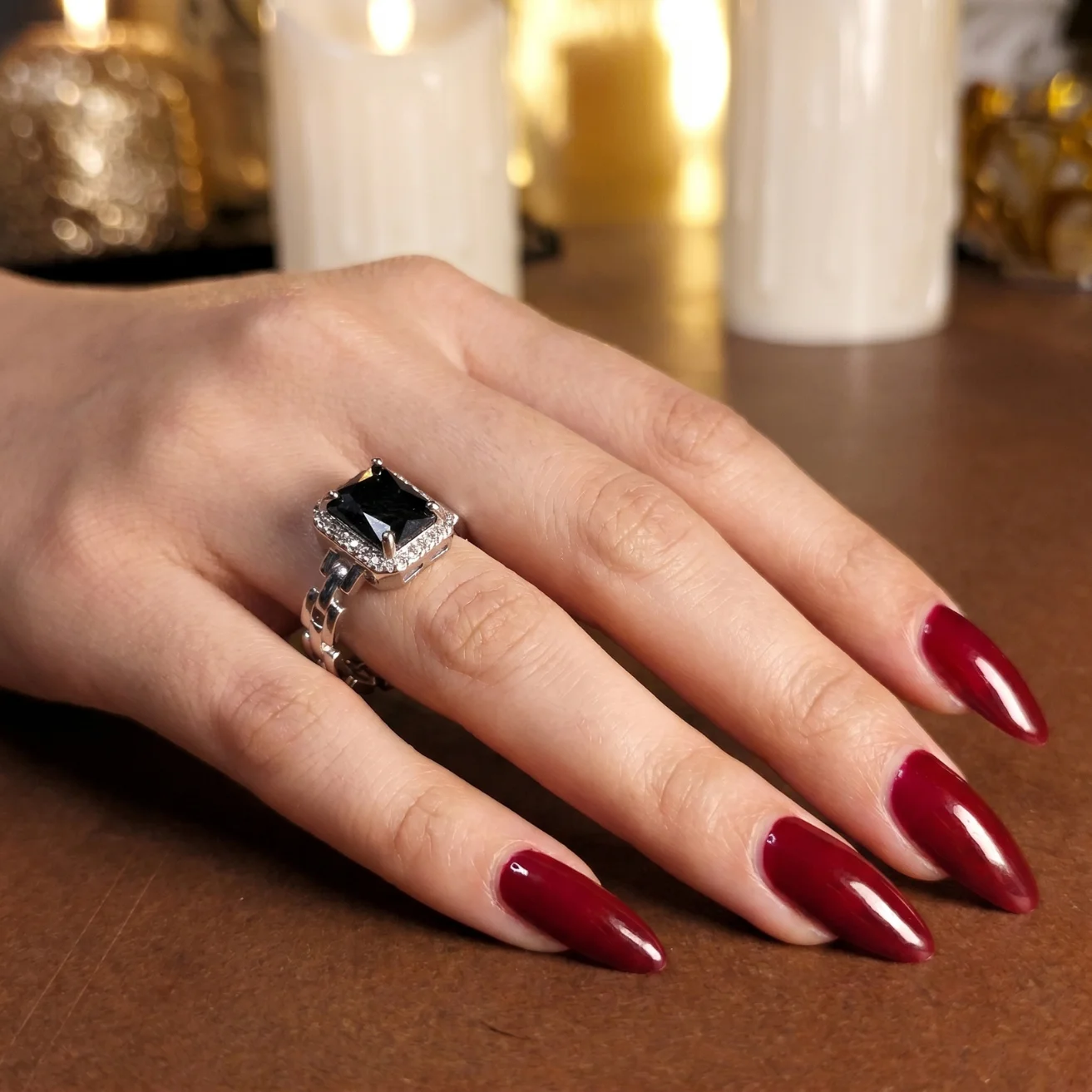 Black zircon rectangular emerald-cut gemstone Ring