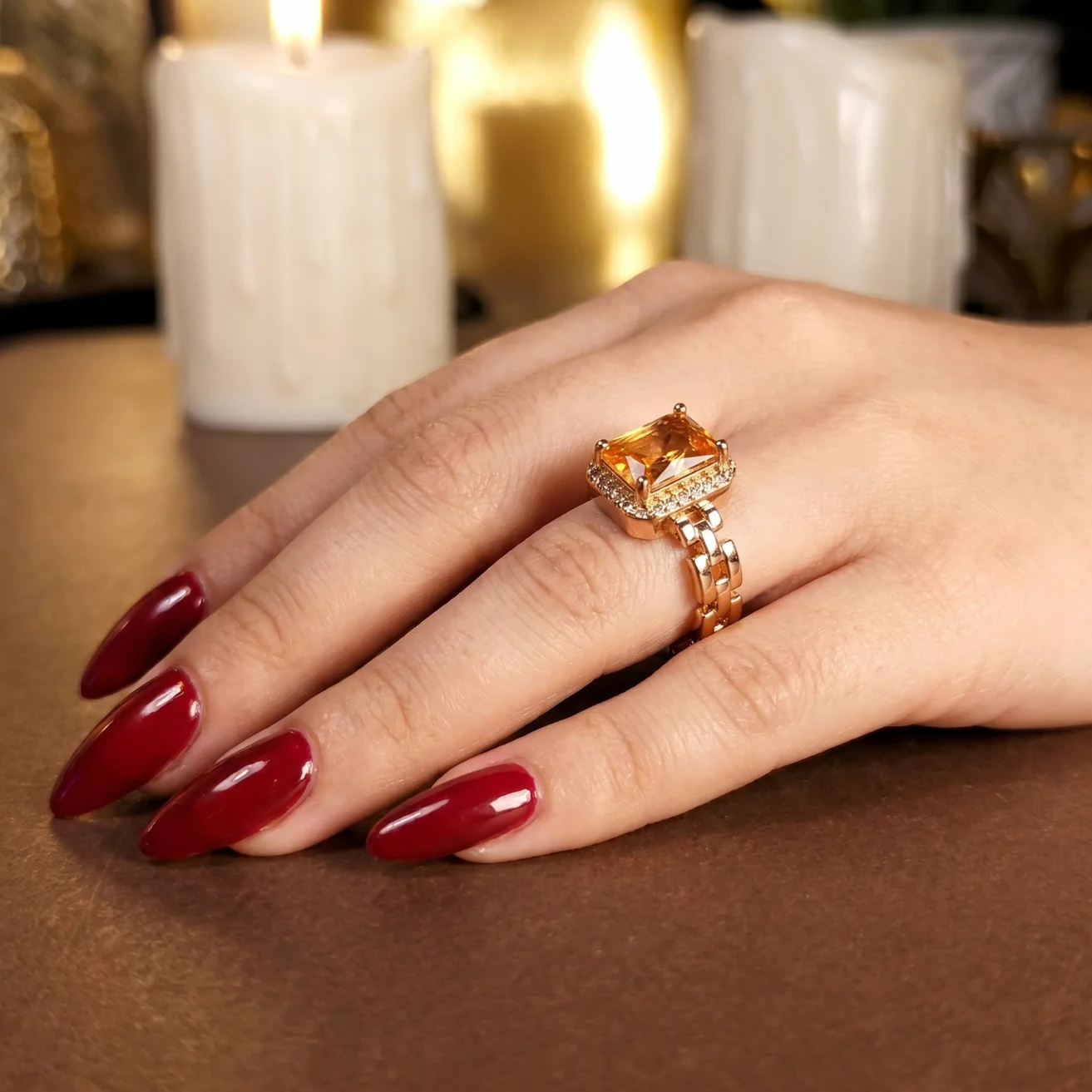 Champagne zircon rectangular emerald-cut gemstone Ring