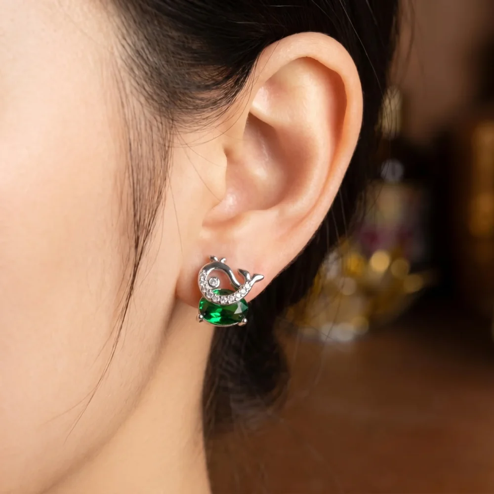 Green silver whale Ear stud earrings