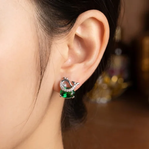 Green silver whale Ear stud earrings
