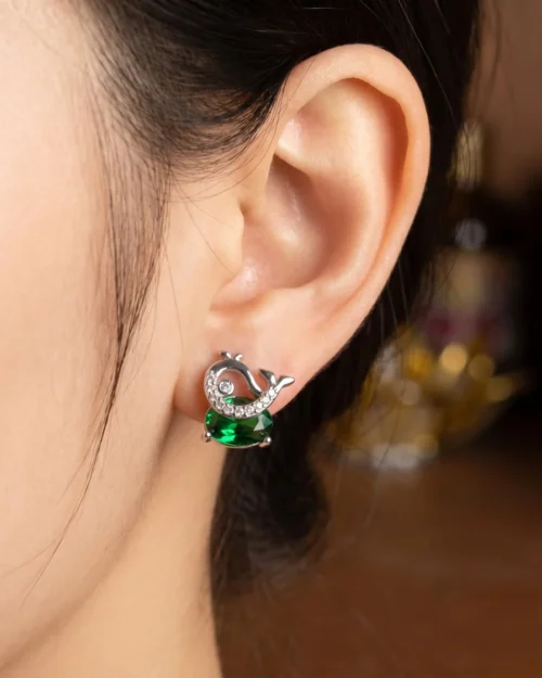 Green silver whale Ear stud earrings