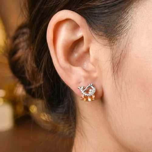 silver and champagne whale stud earrings