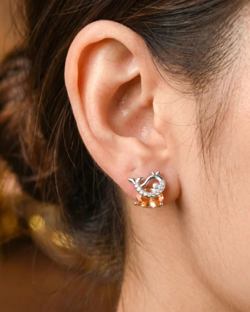 silver and champagne whale stud earrings