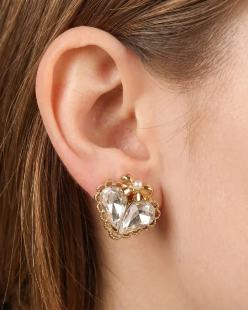 White and golden Heart shaped ear stud earrings