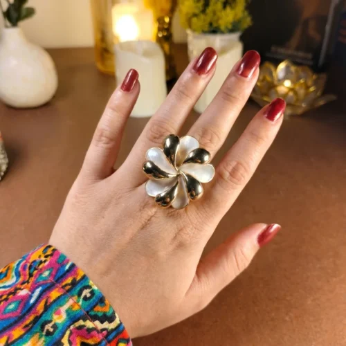 flower white and golden Enamel statement ring