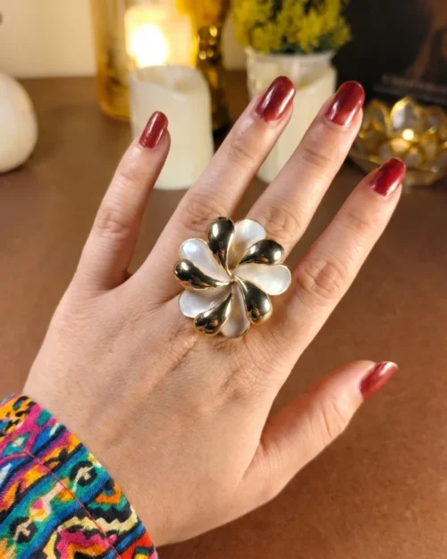 flower white and golden Enamel statement ring