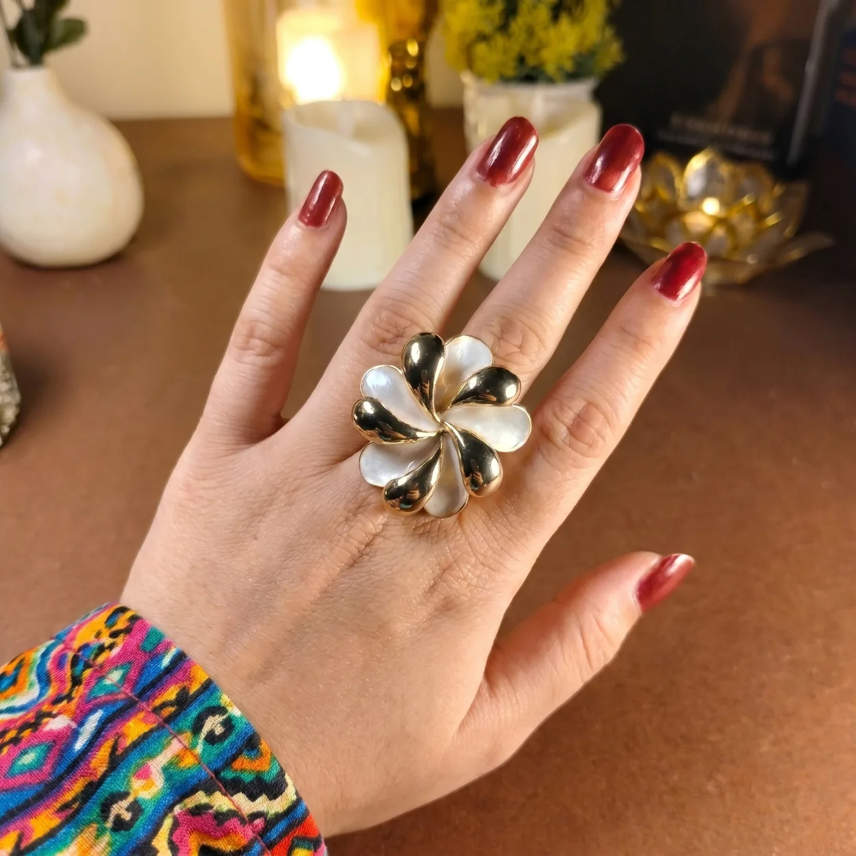 flower white and golden Enamel statement ring