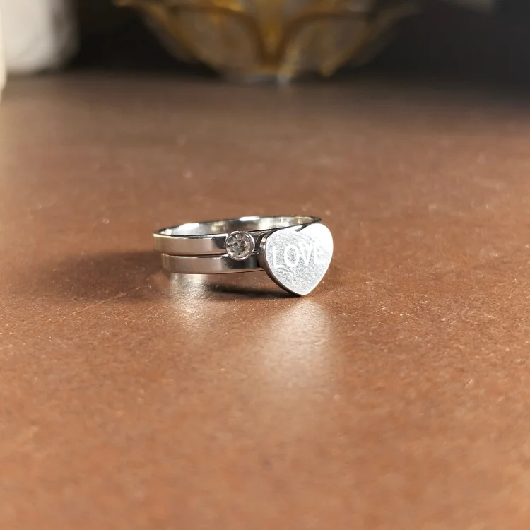 Silver Stainless steel heart shape double layer ring | with ring-box