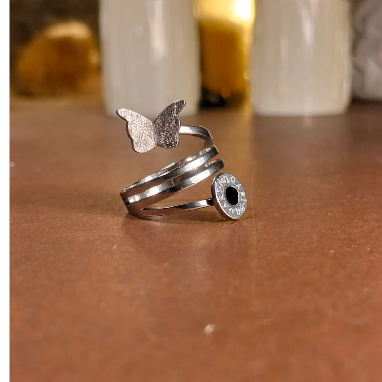Silver Stainless steel butterfly double layer Ring | with ring-box