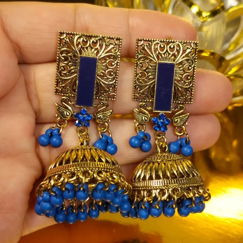 Antique gold plated dome Jhumka with Blue Beads | with Earring-box