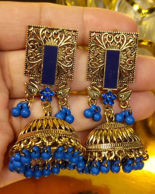Antique gold plated dome Jhumka with Blue Beads | with Earring-box