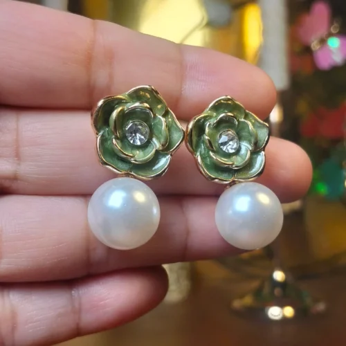Green Pearl Drop Earrings Tops