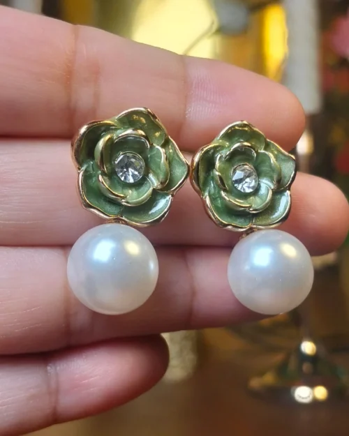 Green Pearl Drop Earrings Tops