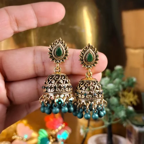 Green Beads Floral patterns gold-plated jhumka earrings