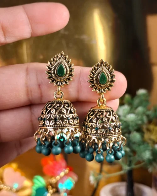 Green Beads Floral patterns gold-plated jhumka earrings