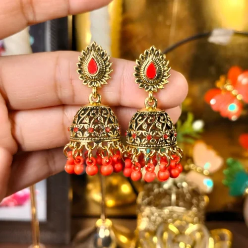 Red Beads Floral patterns gold-plated jhumka earrings