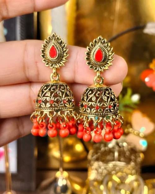 Red Beads Floral patterns gold-plated jhumka earrings