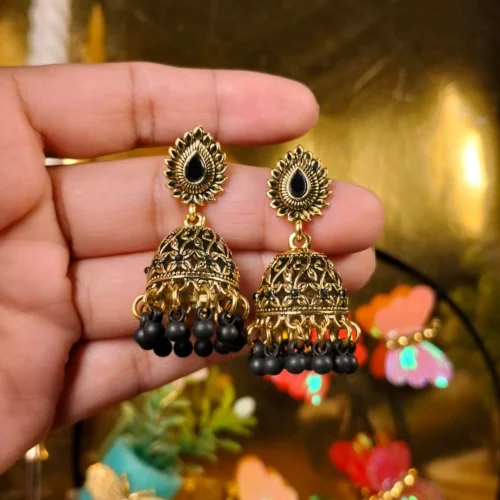 Black Beads Floral patterns gold-plated jhumka earrings