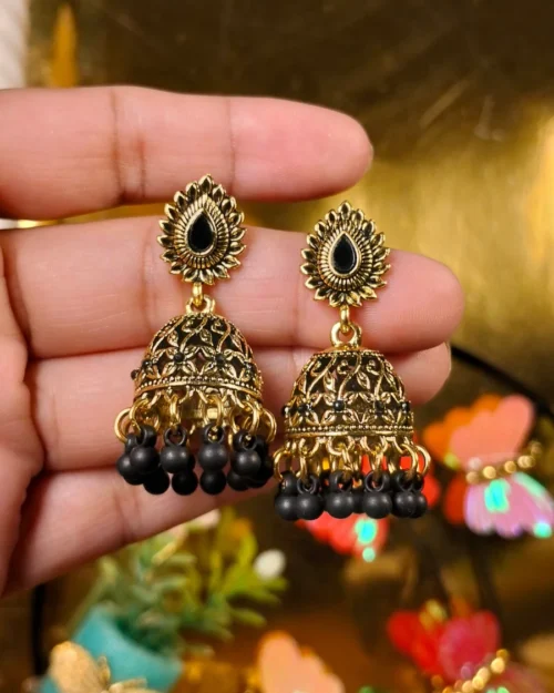 Black Beads Floral patterns gold-plated jhumka earrings